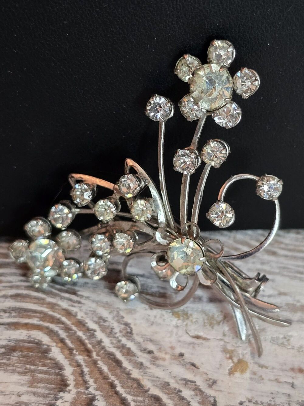 Vintage Rhinestone Spray Brooch Silver Tone Starburst Floral Pin Mid Century 268